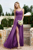 Spaghetti Straps Chiffon A Line Bridesmaid Dress with Slit Formal Evening Prom Dresses Gowns