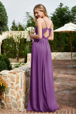 Spaghetti Straps Chiffon A Line Bridesmaid Dress with Slit Formal Evening Prom Dresses Gowns
