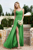 Spaghetti Straps Chiffon A Line Bridesmaid Dress with Slit Formal Evening Prom Dresses Gowns