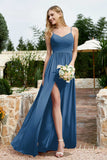 Spaghetti Straps Chiffon A Line Bridesmaid Dress with Slit Formal Evening Prom Dresses Gowns