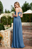 Spaghetti Straps Chiffon A Line Bridesmaid Dress with Slit Formal Evening Prom Dresses Gowns