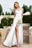 Spaghetti Straps Chiffon A Line Bridesmaid Dress with Slit Formal Evening Prom Dresses Gowns