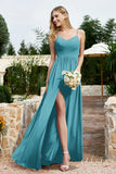 Spaghetti Straps Chiffon A Line Bridesmaid Dress with Slit Formal Evening Prom Dresses Gowns