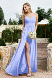 Spaghetti Straps Chiffon A Line Bridesmaid Dress with Slit Formal Evening Prom Dresses Gowns