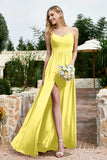 Spaghetti Straps Chiffon A Line Bridesmaid Dress with Slit Formal Evening Prom Dresses Gowns