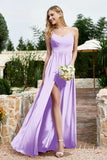 Spaghetti Straps Chiffon A Line Bridesmaid Dress with Slit Formal Evening Prom Dresses Gowns