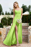 Spaghetti Straps Chiffon A Line Bridesmaid Dress with Slit Formal Evening Prom Dresses Gowns