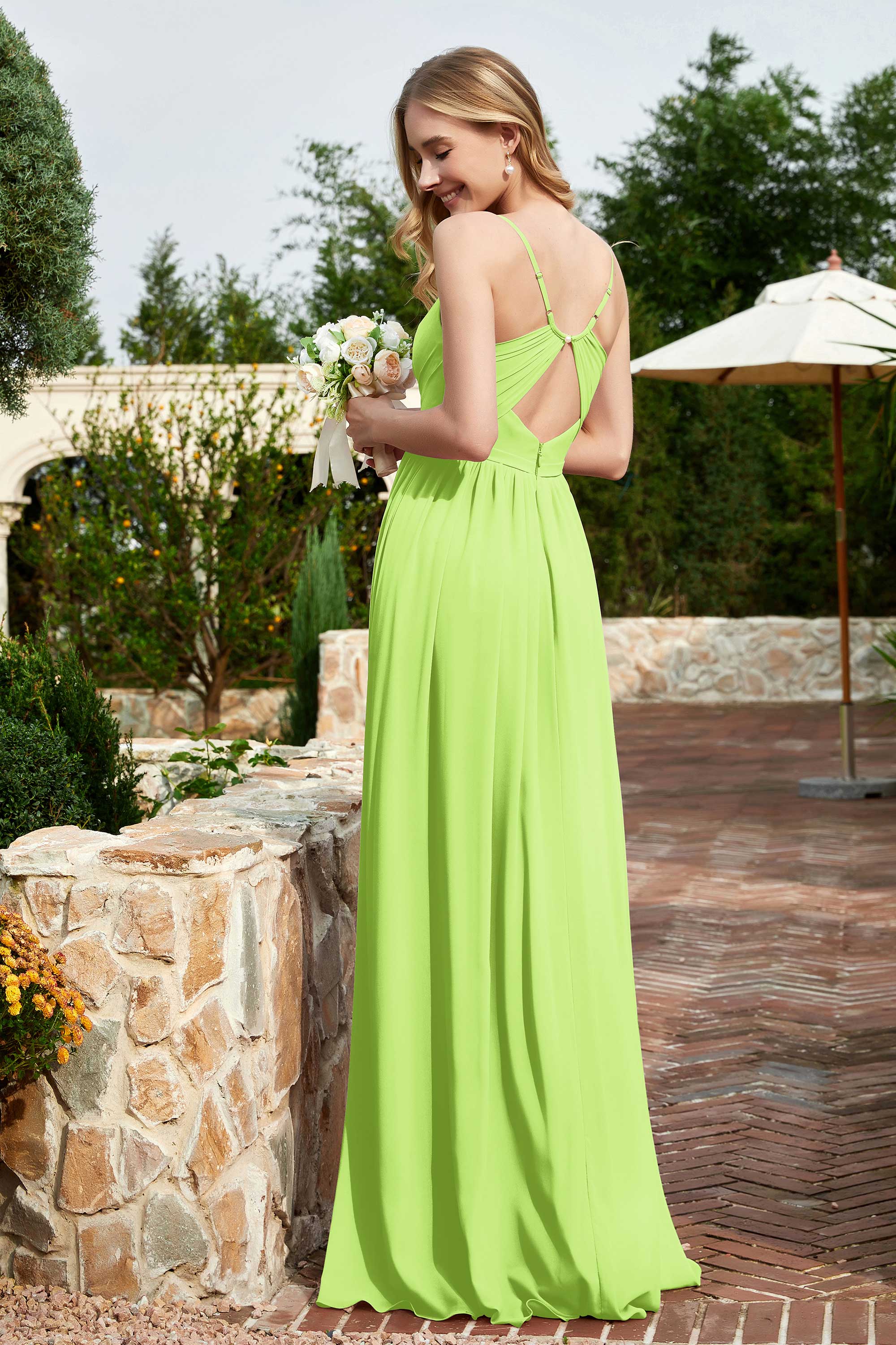 Spaghetti Straps Chiffon A Line Bridesmaid Dress with Slit Formal Evening Prom Dresses Gowns