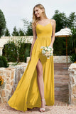 Spaghetti Straps Chiffon A Line Bridesmaid Dress with Slit Formal Evening Prom Dresses Gowns
