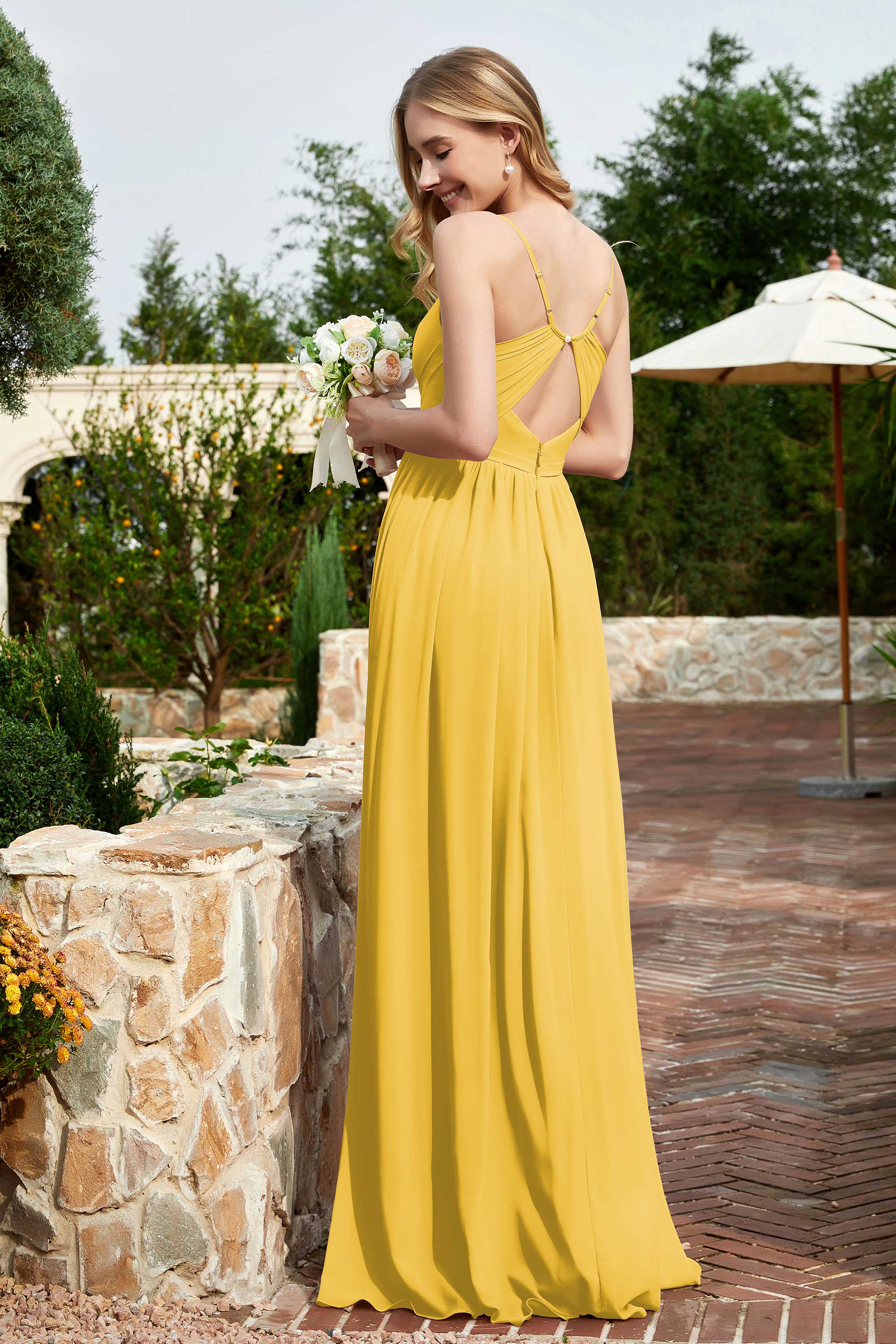 Spaghetti Straps Chiffon A Line Bridesmaid Dress with Slit Formal Evening Prom Dresses Gowns