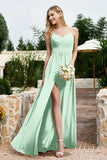 Spaghetti Straps Chiffon A Line Bridesmaid Dress with Slit Formal Evening Prom Dresses Gowns