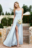 Spaghetti Straps Chiffon A Line Bridesmaid Dress with Slit Formal Evening Prom Dresses Gowns