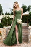 Spaghetti Straps Chiffon A Line Bridesmaid Dress with Slit Formal Evening Prom Dresses Gowns