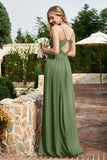 Spaghetti Straps Chiffon A Line Bridesmaid Dress with Slit Formal Evening Prom Dresses Gowns