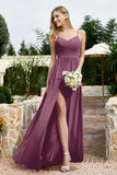 Spaghetti Straps Chiffon A Line Bridesmaid Dress with Slit Formal Evening Prom Dresses Gowns