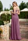 Spaghetti Straps Chiffon A Line Bridesmaid Dress with Slit Formal Evening Prom Dresses Gowns
