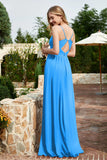 Spaghetti Straps Chiffon A Line Bridesmaid Dress with Slit Formal Evening Prom Dresses Gowns