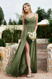 Spaghetti Straps Chiffon A Line Bridesmaid Dress with Slit Formal Evening Prom Dresses Gowns