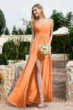 Spaghetti Straps Chiffon A Line Bridesmaid Dress with Slit Formal Evening Prom Dresses Gowns