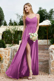 Spaghetti Straps Chiffon A Line Bridesmaid Dress with Slit Formal Evening Prom Dresses Gowns