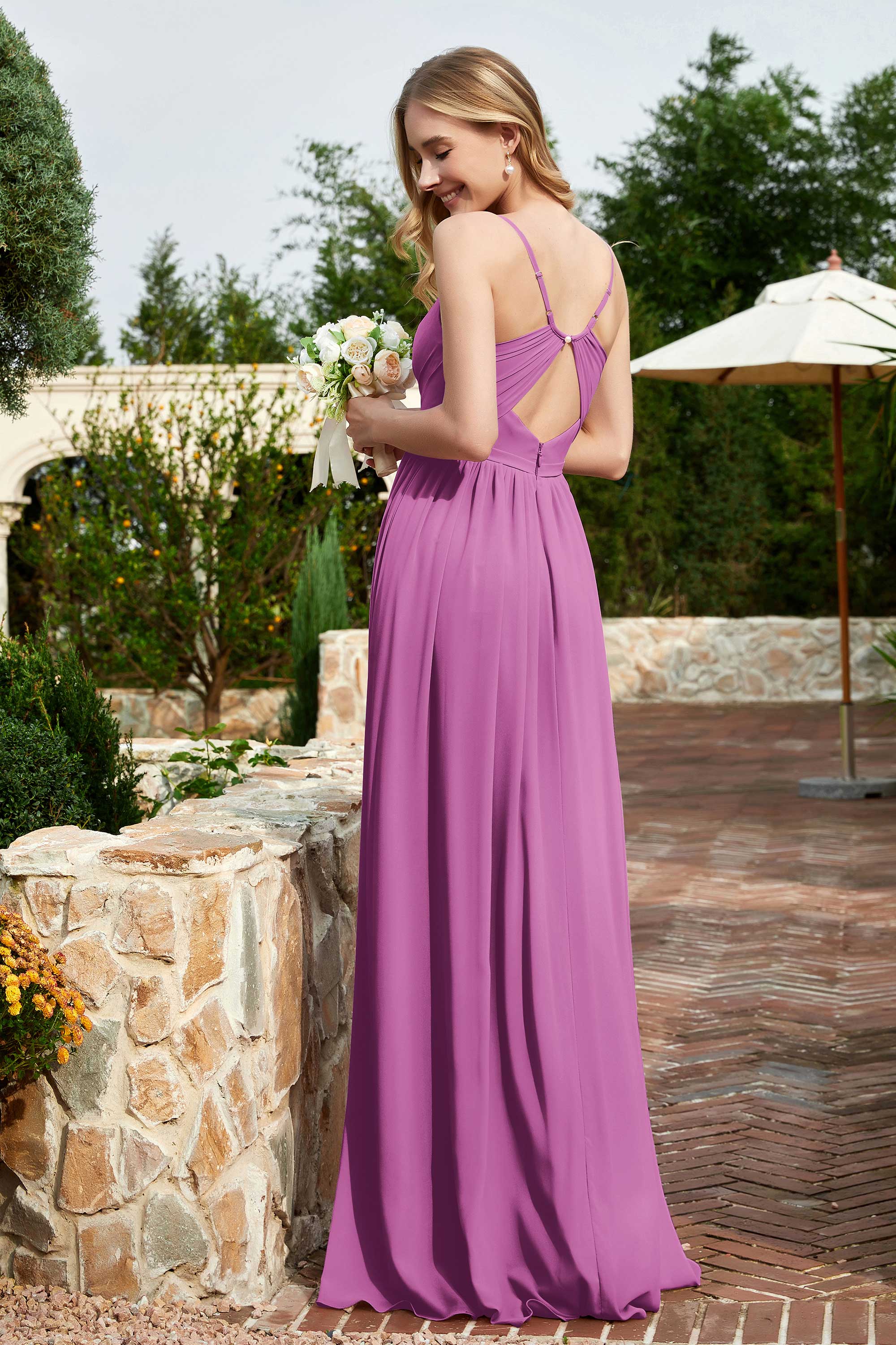Spaghetti Straps Chiffon A Line Bridesmaid Dress with Slit Formal Evening Prom Dresses Gowns