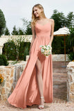 Spaghetti Straps Chiffon A Line Bridesmaid Dress with Slit Formal Evening Prom Dresses Gowns