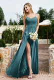 Spaghetti Straps Chiffon A Line Bridesmaid Dress with Slit Formal Evening Prom Dresses Gowns