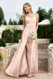 Spaghetti Straps Chiffon A Line Bridesmaid Dress with Slit Formal Evening Prom Dresses Gowns