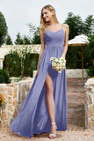 Spaghetti Straps Chiffon A Line Bridesmaid Dress with Slit Formal Evening Prom Dresses Gowns