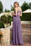 Spaghetti Straps Chiffon A Line Bridesmaid Dress with Slit Formal Evening Prom Dresses Gowns