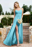Spaghetti Straps Chiffon A Line Bridesmaid Dress with Slit Formal Evening Prom Dresses Gowns