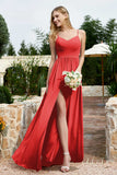 Spaghetti Straps Chiffon A Line Bridesmaid Dress with Slit Formal Evening Prom Dresses Gowns