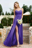 Spaghetti Straps Chiffon A Line Bridesmaid Dress with Slit Formal Evening Prom Dresses Gowns
