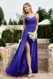 Spaghetti Straps Chiffon A Line Bridesmaid Dress with Slit Formal Evening Prom Dresses Gowns