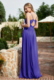 Spaghetti Straps Chiffon A Line Bridesmaid Dress with Slit Formal Evening Prom Dresses Gowns