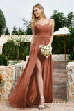 Spaghetti Straps Chiffon A Line Bridesmaid Dress with Slit Formal Evening Prom Dresses Gowns