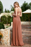 Spaghetti Straps Chiffon A Line Bridesmaid Dress with Slit Formal Evening Prom Dresses Gowns
