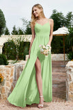 Spaghetti Straps Chiffon A Line Bridesmaid Dress with Slit Formal Evening Prom Dresses Gowns