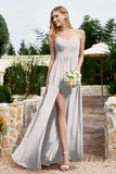 Spaghetti Straps Chiffon A Line Bridesmaid Dress with Slit Formal Evening Prom Dresses Gowns