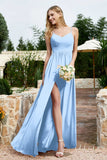 Spaghetti Straps Chiffon A Line Bridesmaid Dress with Slit Formal Evening Prom Dresses Gowns