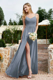 Spaghetti Straps Chiffon A Line Bridesmaid Dress with Slit Formal Evening Prom Dresses Gowns
