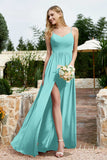 Spaghetti Straps Chiffon A Line Bridesmaid Dress with Slit Formal Evening Prom Dresses Gowns