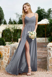 Spaghetti Straps Chiffon A Line Bridesmaid Dress with Slit Formal Evening Prom Dresses Gowns