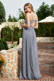 Spaghetti Straps Chiffon A Line Bridesmaid Dress with Slit Formal Evening Prom Dresses Gowns