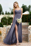 Spaghetti Straps Chiffon A Line Bridesmaid Dress with Slit Formal Evening Prom Dresses Gowns