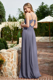 Spaghetti Straps Chiffon A Line Bridesmaid Dress with Slit Formal Evening Prom Dresses Gowns