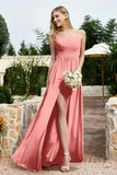 Spaghetti Straps Chiffon A Line Bridesmaid Dress with Slit Formal Evening Prom Dresses Gowns