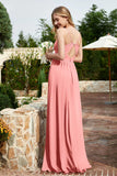 Spaghetti Straps Chiffon A Line Bridesmaid Dress with Slit Formal Evening Prom Dresses Gowns
