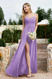 Spaghetti Straps Chiffon A Line Bridesmaid Dress with Slit Formal Evening Prom Dresses Gowns