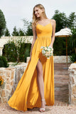Spaghetti Straps Chiffon A Line Bridesmaid Dress with Slit Formal Evening Prom Dresses Gowns